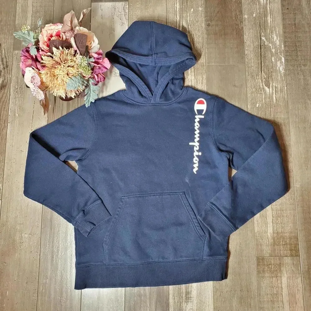 Champion Boys' Youth Long Sleeve Hooded Pullover Sweatshirt Navy Blue XL EUC